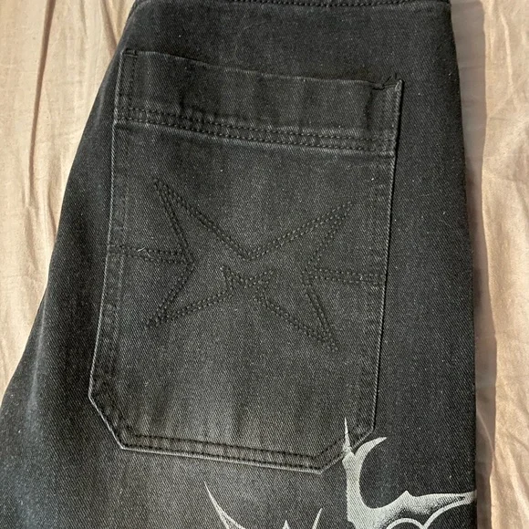 Minga London Black wide leg jeans with cyber sigilism graphic - Picture 5 of 8